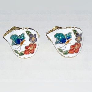 Vintage Cloisonne White Enamel Multicolor Butterfly Earrings